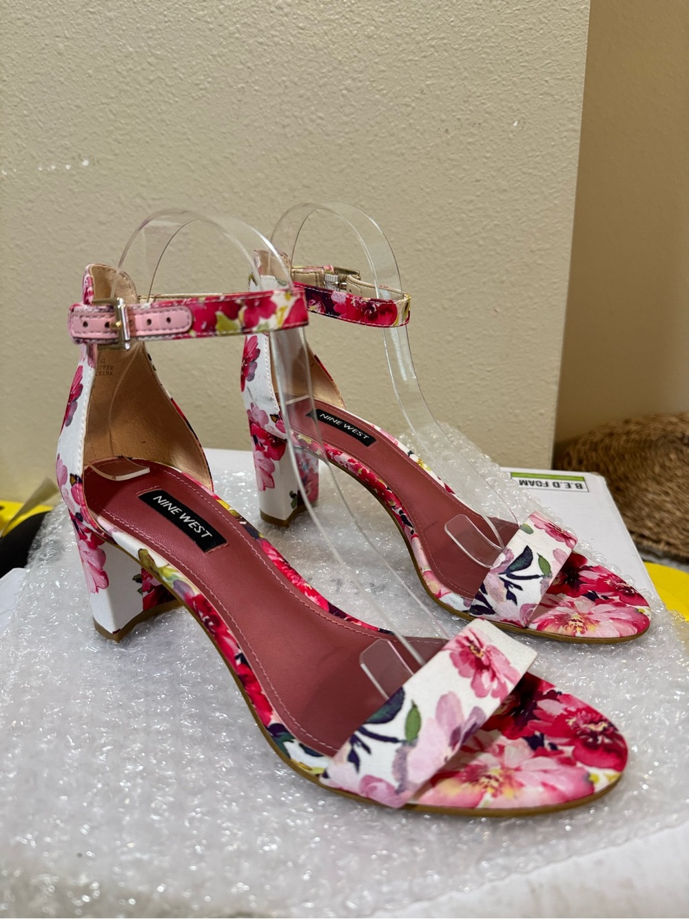 Nine West Pink Floral Ankle-Strap Block Heels